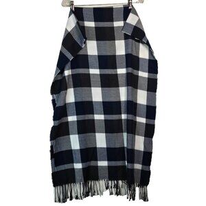 Plush Tartan Plaid Blanket Scarf Blue Black White Fringe Winter Wrap Oversize